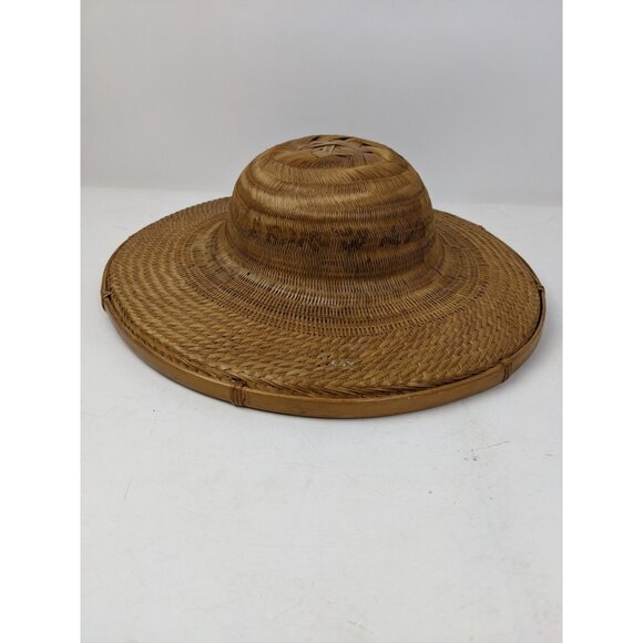 Vintage Asian Woven Rattan Rickshaw Rice Paddy Hat 14\